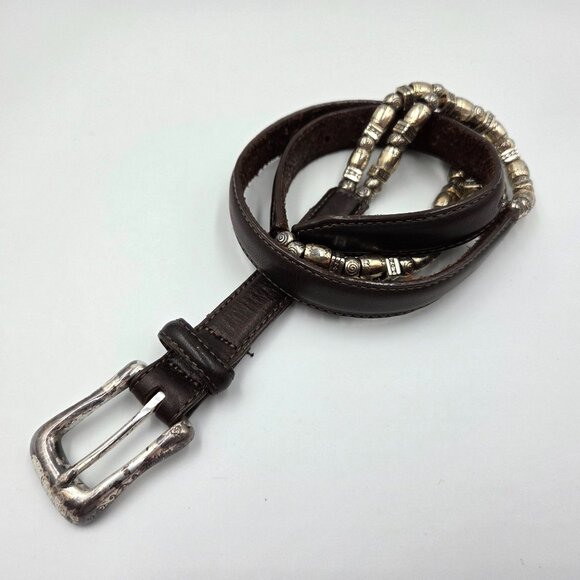 Vintage Brighton Belt Womens 30 Dark Brown Leather Silvertone Beads Western - Picture 2 of 8